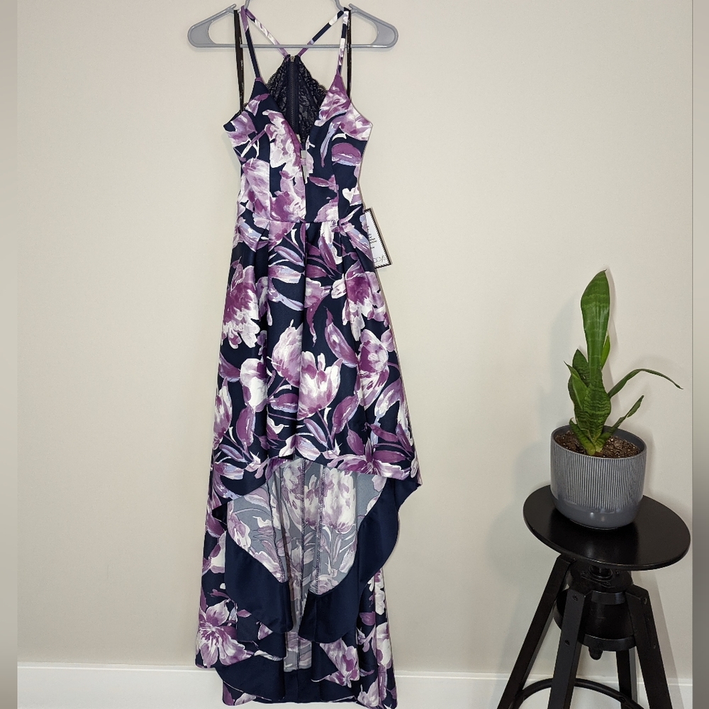 NWT PROM Speechless Juniors size 5 Floral Hi-Low dress, POCKETS, Navy/Purple,